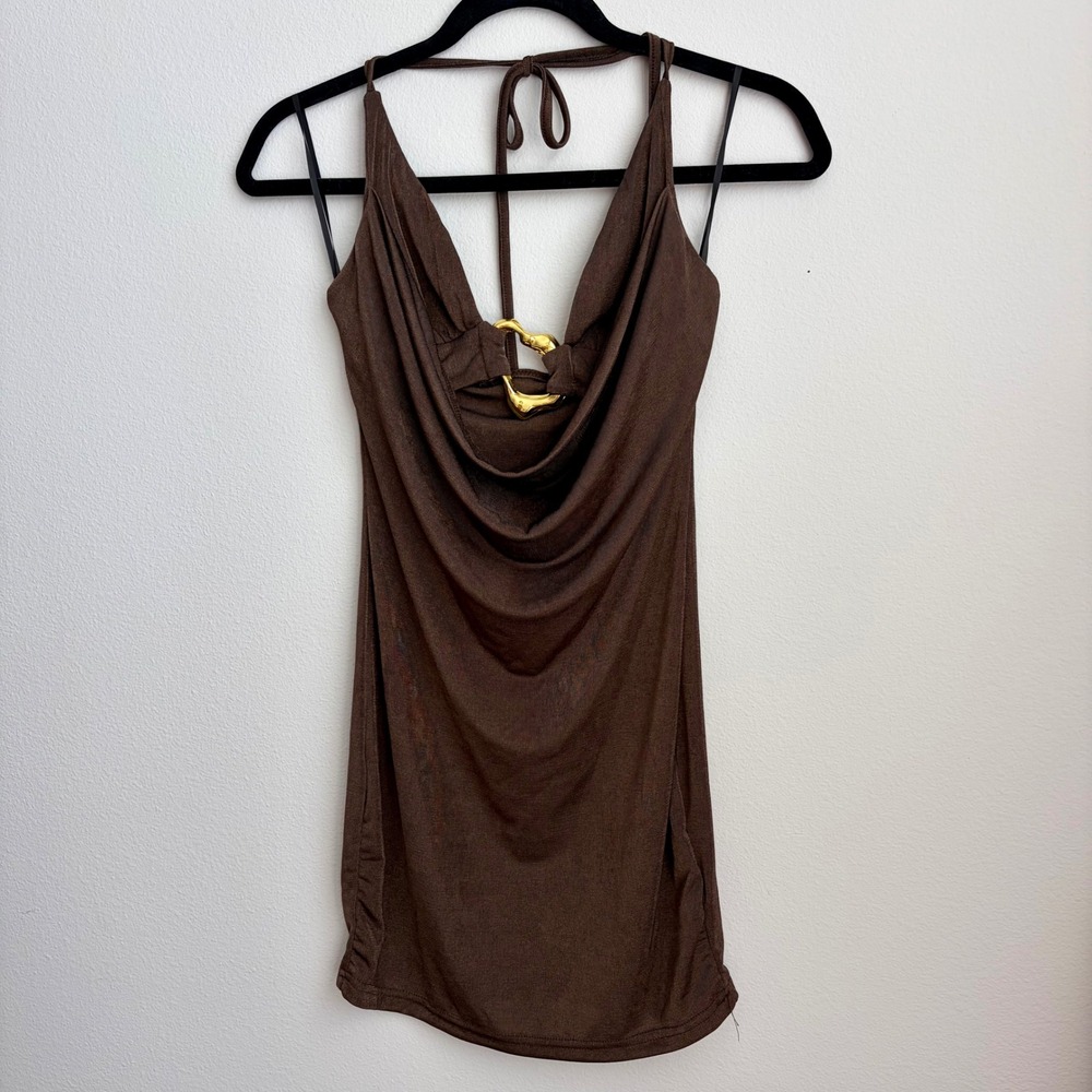 Soly Hux Brown Halter Mini Dress Cowl Neck Gold Ring Detail Mesh XS NWT